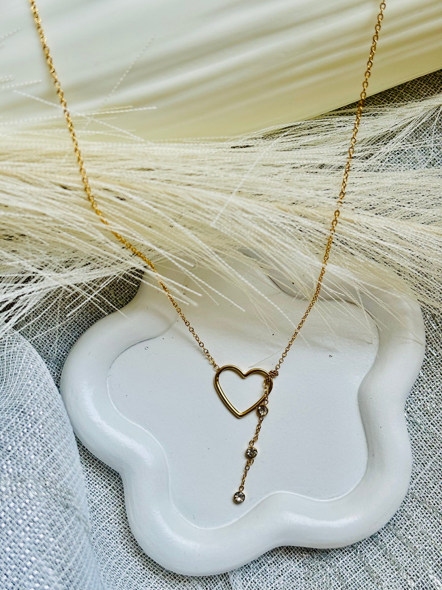 Gold Y-Necklace with Heart and Rhinestones