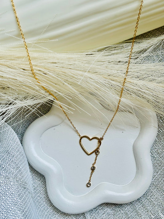 Gold Y-Necklace with Heart and Rhinestones