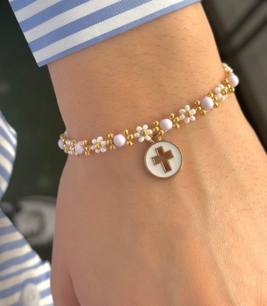 Bracelet fleurs avec croix